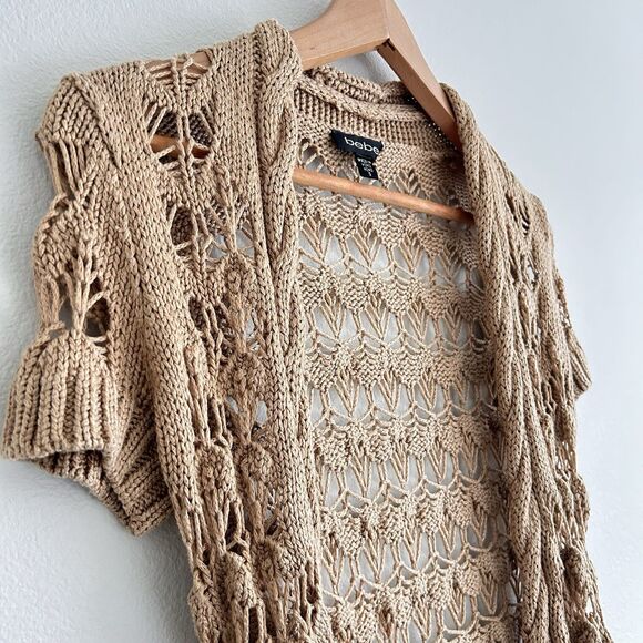 VTG Y2K Bebe Open Knit Cardigan Tan Size S Crochet Fairy Cottage Festival Boho - Picture 3 of 16